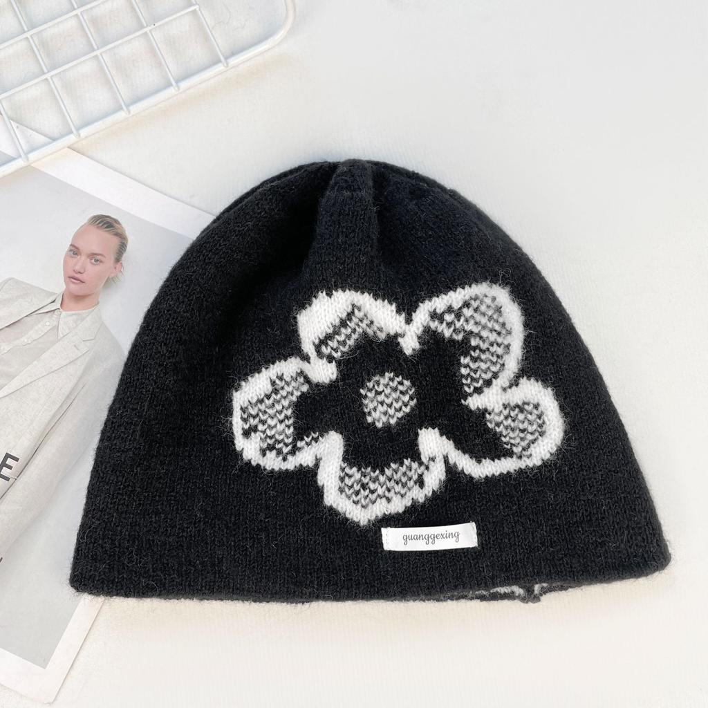Spring and Autumn Warm Ear Protection Flower Big Head Circumference Knitted Wool Pile Hat Woman