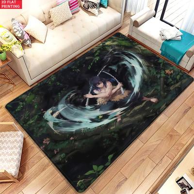 Anime Swordsman Area Rug, Jungle Water Wave Theme Floor Mat, Decorative Carpet for Gaming Room Bedroom, Washable Home Decor Gift