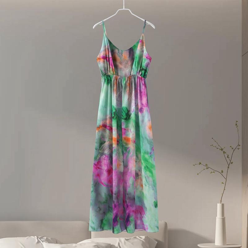 Fashion Elegant Print Dress Women Sexy Off Shoulder Backless Tie-dye Suspender Female Dresses 2 Piece Slash Neck Vacation Lady Robes