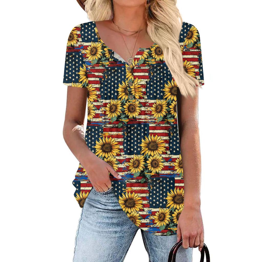 Women Tunic Tops Dressy Casual Summer Short Sleeve Shirts Loose Fit Pleated Boho Top Independence Day