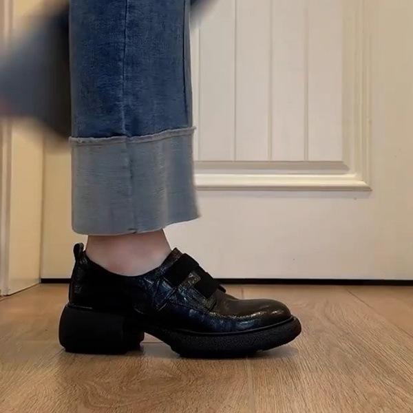 Ruoji original leather platform Velcro retro round head loafers women's versatile British thick heel small leather shoes single shoes