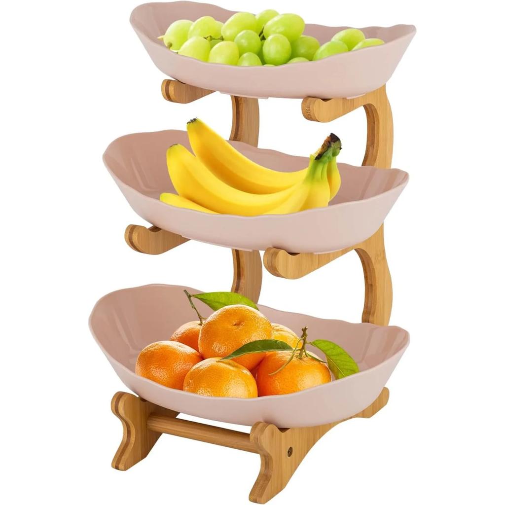 3 Tier Plastic Fruit Bowl W|Bamboo Countertop Stand,Plastic Countertop Bowl Tray for Vegetables, Snacks and Desserts (Off-White)
