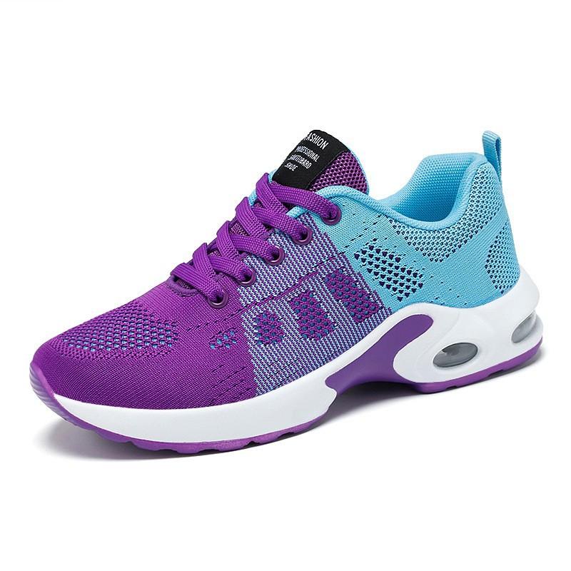 Women Casual Mesh Fabric Shoes Air-cushion Elastic Lace Up Sneakers Flat Breathable Lightweight Soft-Soled Antislip Jogging Shoe