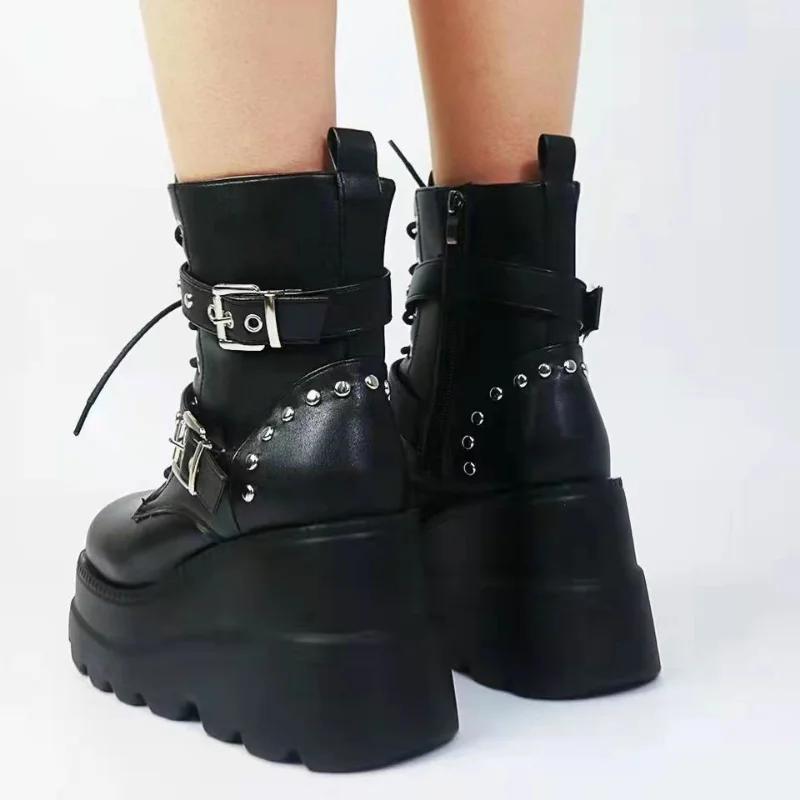 Fashion Stylish Punk Chic Platform Wedge Heeled Boots - Lace Up Ankle High, Comfortable, Versatile Women's Footwear for Everyday Wear