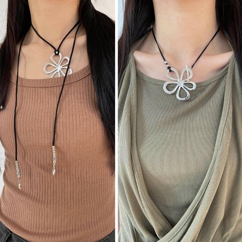 Tibetan Silver Abstract Large Hollow Flowers Charms Pendant Necklace With Black Faux Suede Cord Long Necklace Handmade Jewelry