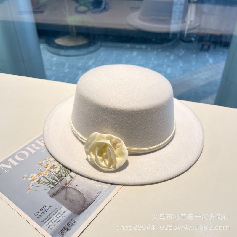 Rose flower strap flat top woolen top hat female autumn and winter warm sweet cute fashion versatile performance flat top hat