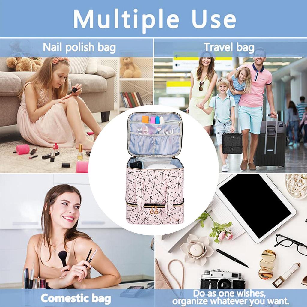 30 Grids Nail Organizer Black/Pink Double Layer Manicure Bag with Handle PU Nylon Makeup Bag Cosmetic Organizer Case