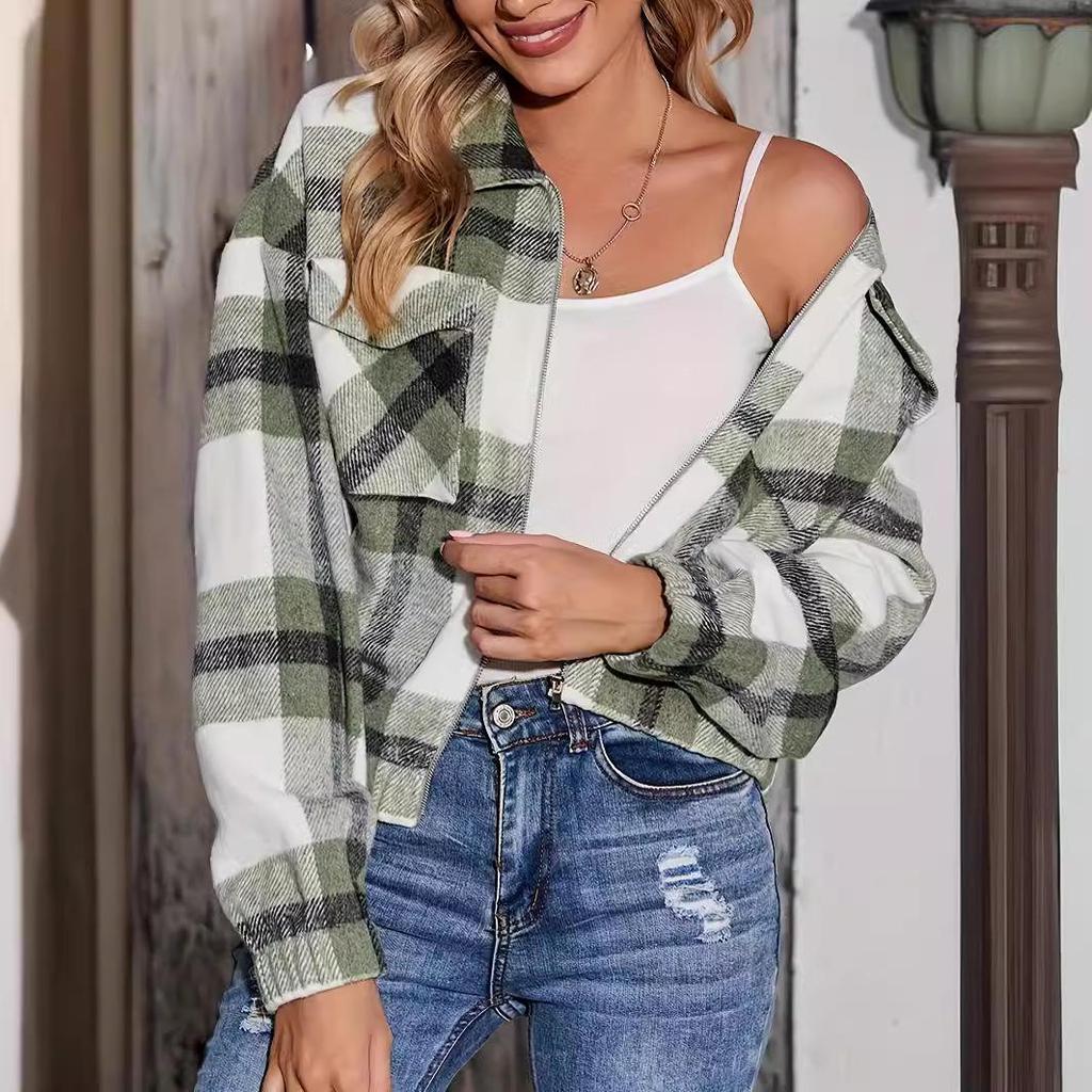Autumn Winter Women's Plaid Zipper Jacket with Pockets - New Casual Short Style