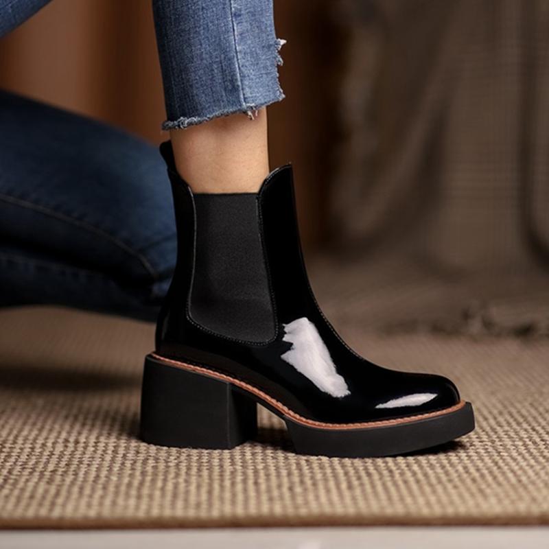 Fashion HOT SALE Women Boots Patent Leather Shoes for Women Round Toe Chunky Boots Platform Shoes Winter Modern Boots Women Punk Shoes