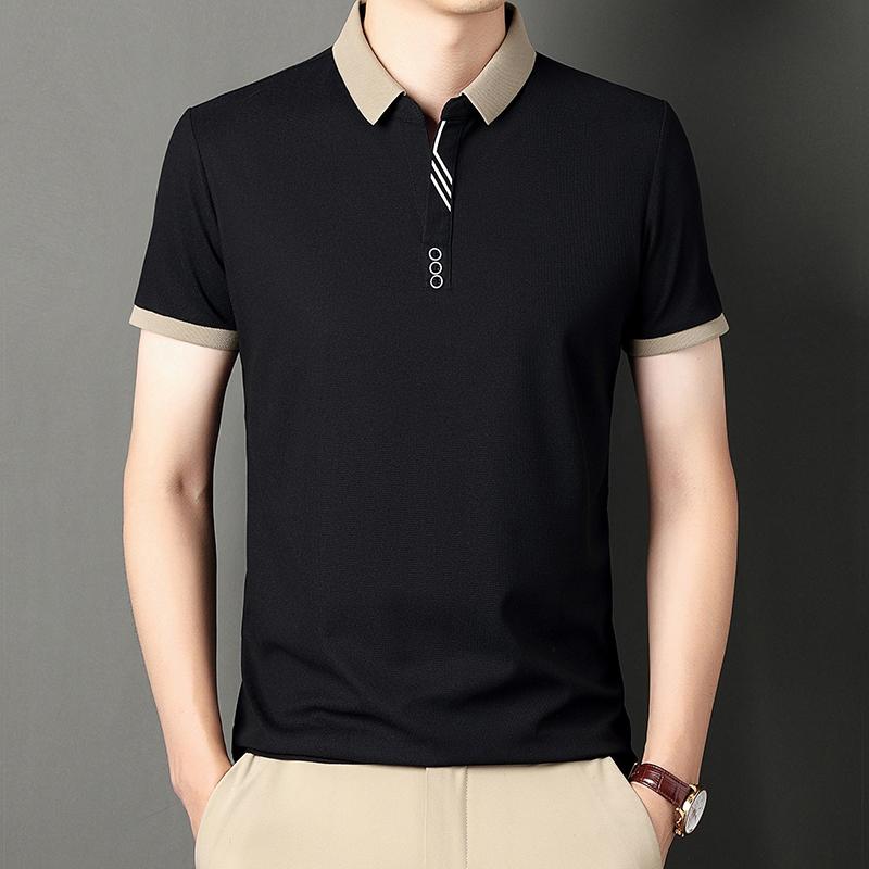 Korean Handsome New Summer Ice Silk Polo Shirt Loose Breathable Short Sleeved Thin Polo Striped Casual Tops Men's Clothing