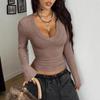 2025 Cross-Border Autumn/Winter Women's Ribbed Knit V-Neck Slim Long Sleeve Top - Stretchy & Comfortable