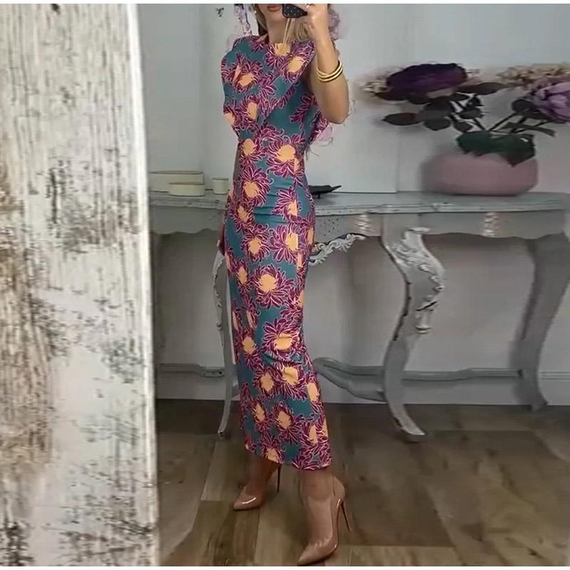 Kadın 2025 ilkbahar/yaz yeni mizaç bel baskılı uzun elbise