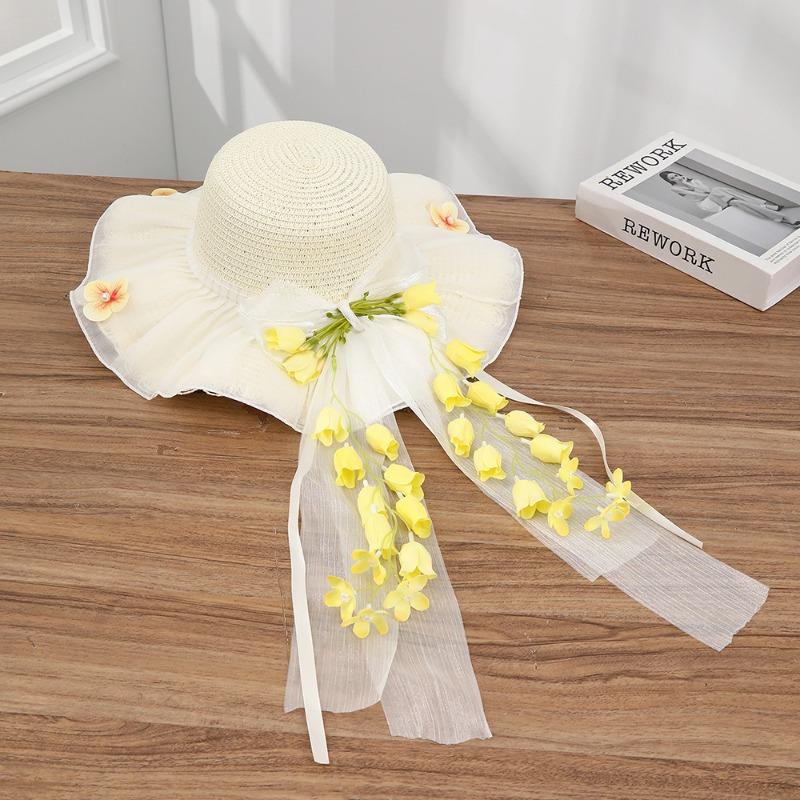 Summer Bow Sun Hat Female, Seaside Beach Vacation Sun Hat Outdoor Big Brim Sun Hat Sweet Straw Hat
