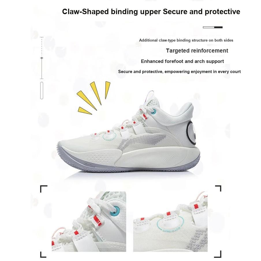 LiNing Sonic 9 Low Shock Absorption Anti-Slip Durable Mid-Top Basketball Shoes Kids Basketball Shoes White ABPR053-5