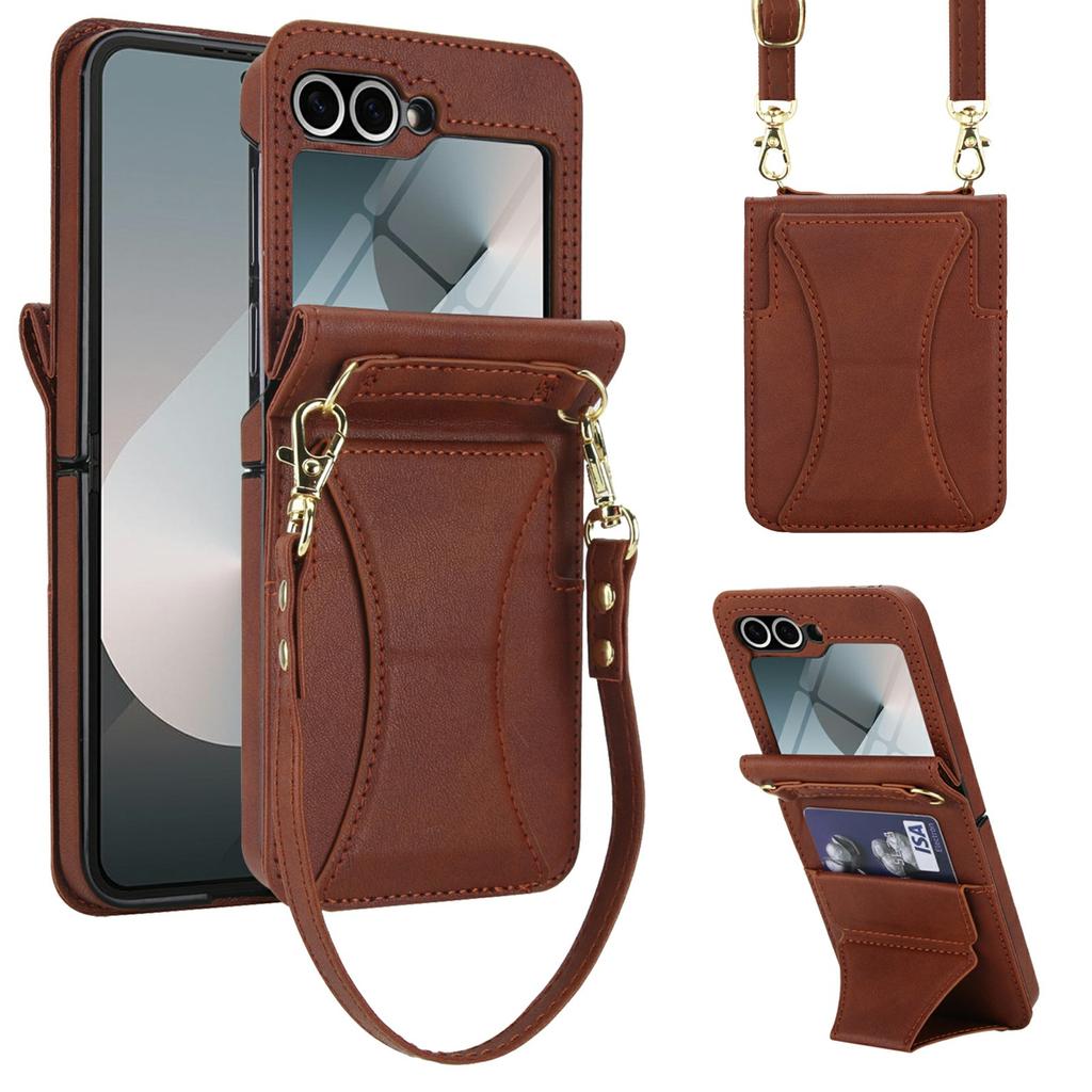 For Samsung Galaxy Z Flip5 5G Case Kickstand Leather+PC Folding Phone Cover with HD Screen Protector/Straps