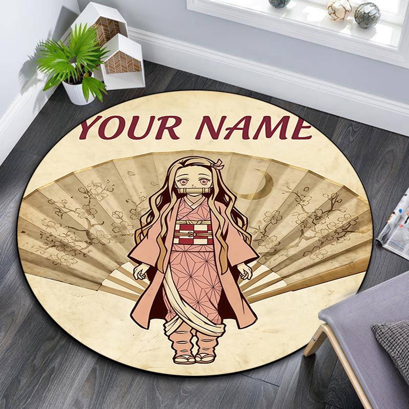 Custom Name,Nezuko Kamado pattern round rug,Carpet Rug for Living Room Bedroom Playroom ,Non-slip Floor Mat,Holiday Gifts and Birthday Gifts.