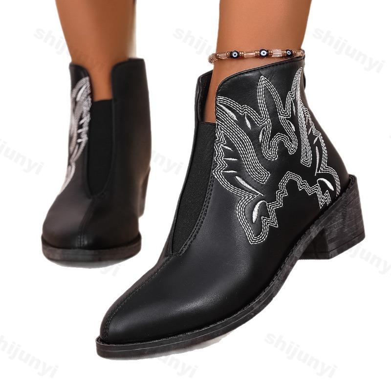 Fashion Womens Ankle Boots Autumn 2025 Retro Embroidery Short Boots Fashion Pointed Toe Leather Western Cowboy Boot Botas Para Mujer