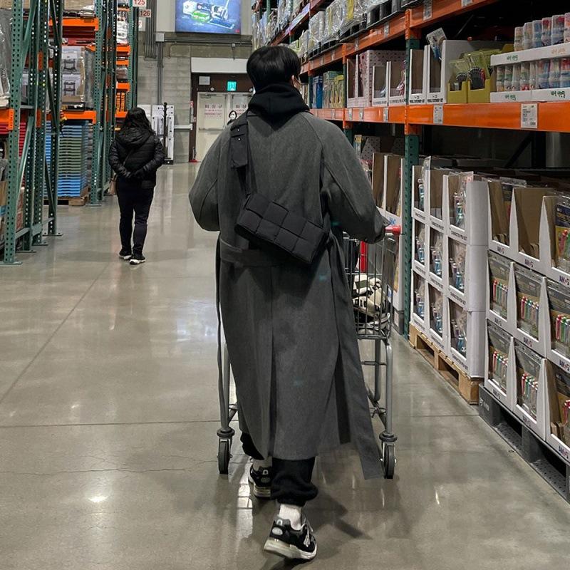 Woolen Coat Men's Autumn and Winter Thickened Over-the-knee Coat Korean Style Trendy Lapel Woolen Windbreaker