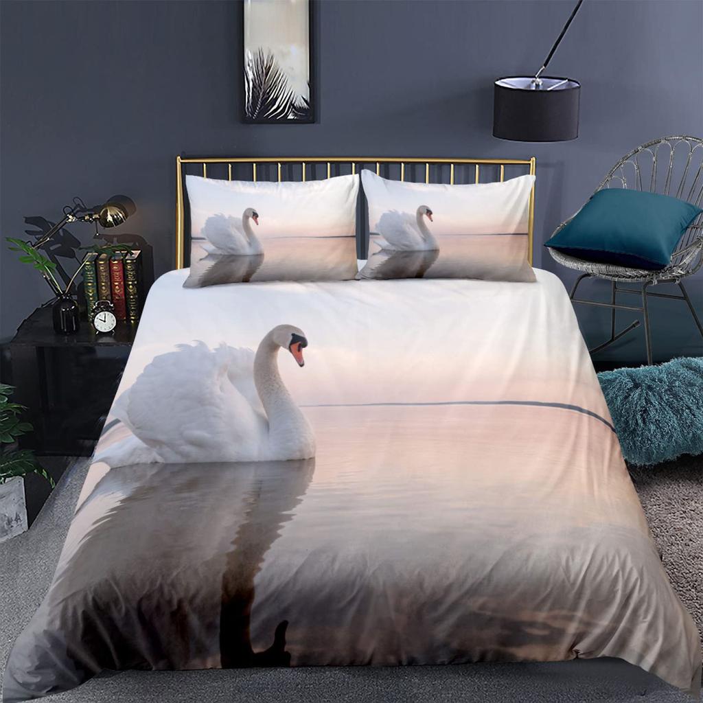 Swan Duvet Cover King Queen Beautiful Elegant White Animal Bedding Set Kid Teens Adults Wildlife Lake Soft Quilt Cover
