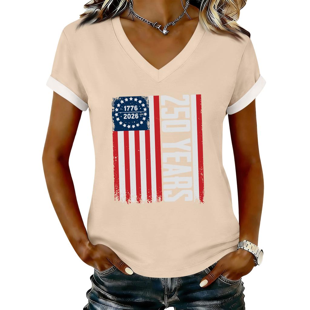 Women's Casual Printed T-Shirt V Neck Pullover Short Sleeve Top