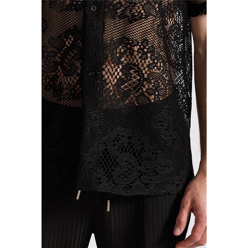 Summer Men's Mesh Lace Knit Short Sleeve Shirt Streetwear Hollow-Out Dance Perspective Shirts Nightclub Disco Performance Tops
