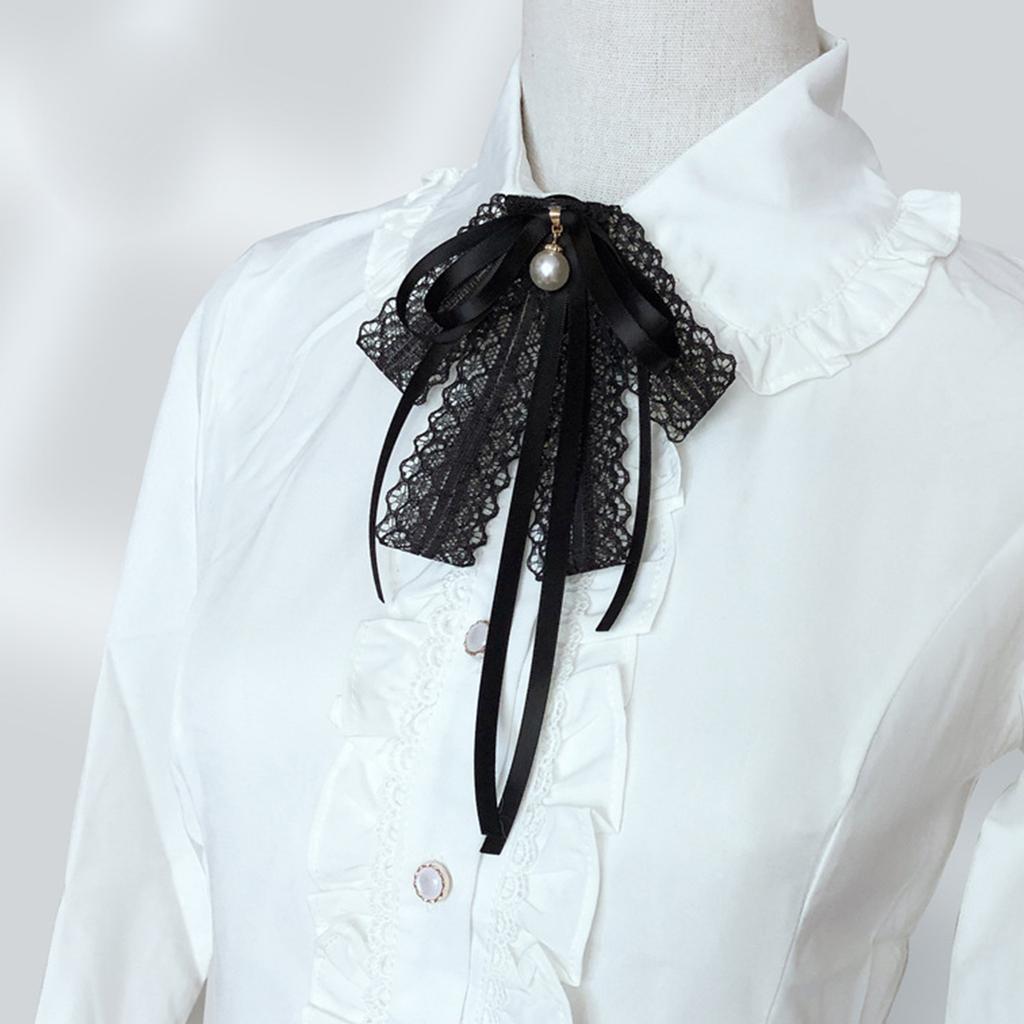 Womens Lace Ribbon Bowtie Brooch Pin Student JK Uniform Shirt Jabot Collar Pearl Pendant Pre-Tied Bowknot Necktie Clip