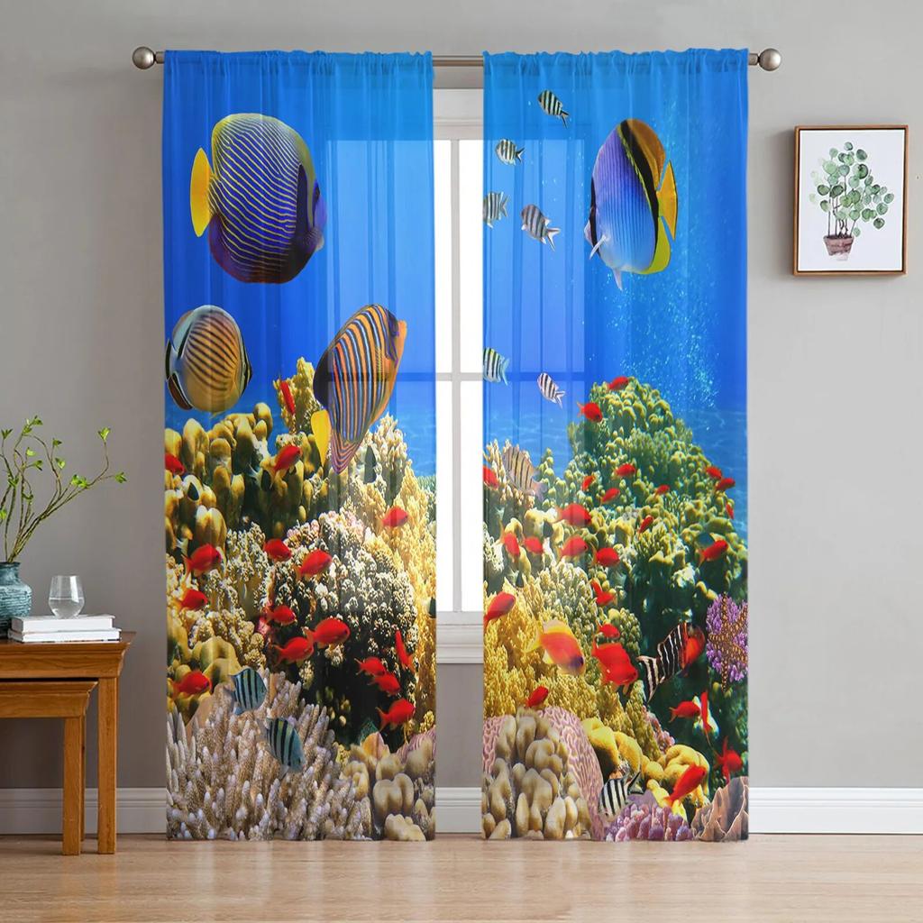 Carp Animal Fish Geometric Tulle Curtains For Living Room Sheer Curtain Bedroom Voile Decorative Window Treatments