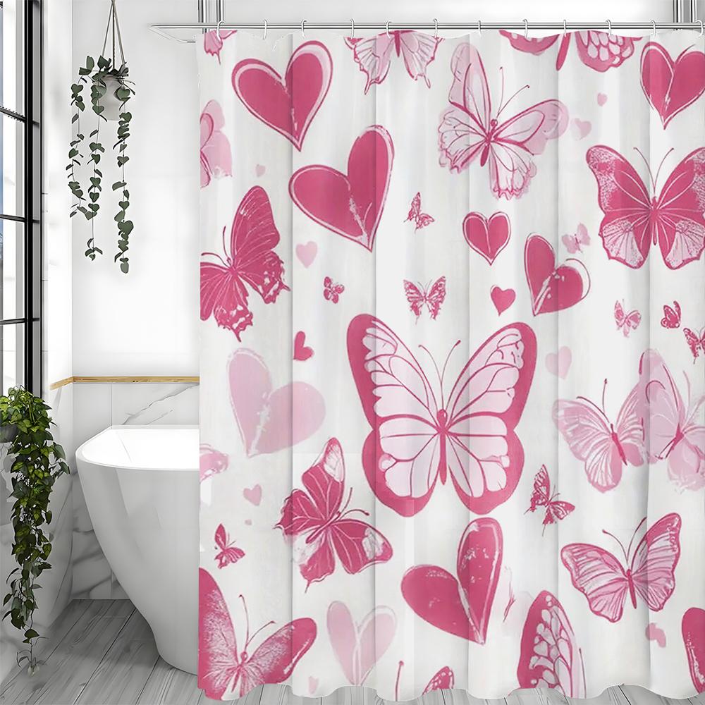 Valentine's Day Pink Butterfly Heart Shower Curtain, Bathroom Decorative Shower Curtain, Waterproof Shower Curtain with Hooks