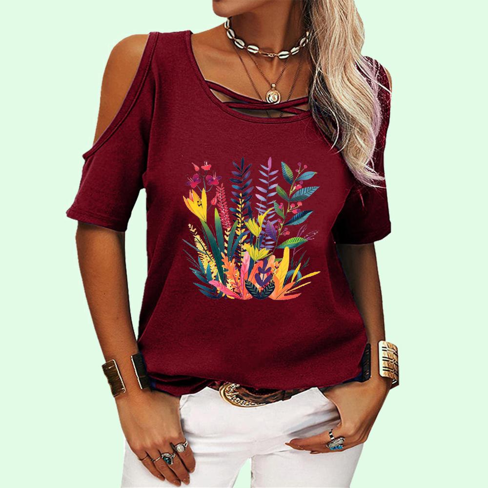 Haut à col rond tendance pour femme, T-shirt d'été à épaules dénudées, T-shirt décontracté à manches courtes et imprimé floral