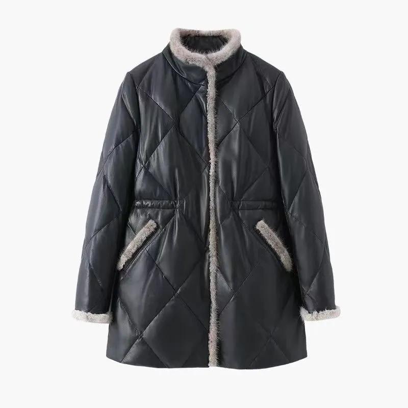 Mid-length Leather Women's Winter Stand-up Collar Padded Jacket Fashion Thickened Waist Warm Padded Jacket