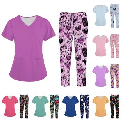 Plus SizePrinted Scrub Working Uniform Tops For Women's Cross V-Neck Halloween Print Short Sleeve Fun T-Shirts Workwear Tee With Pockets