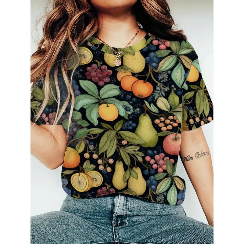 

Жіноча літня футболка з круглим вирізом та короткими рукавами з 3D яскравим принтом полуниці та вишні, повсякденний топ, придатний для прання, підходить для щоденного носіння на вулиці L