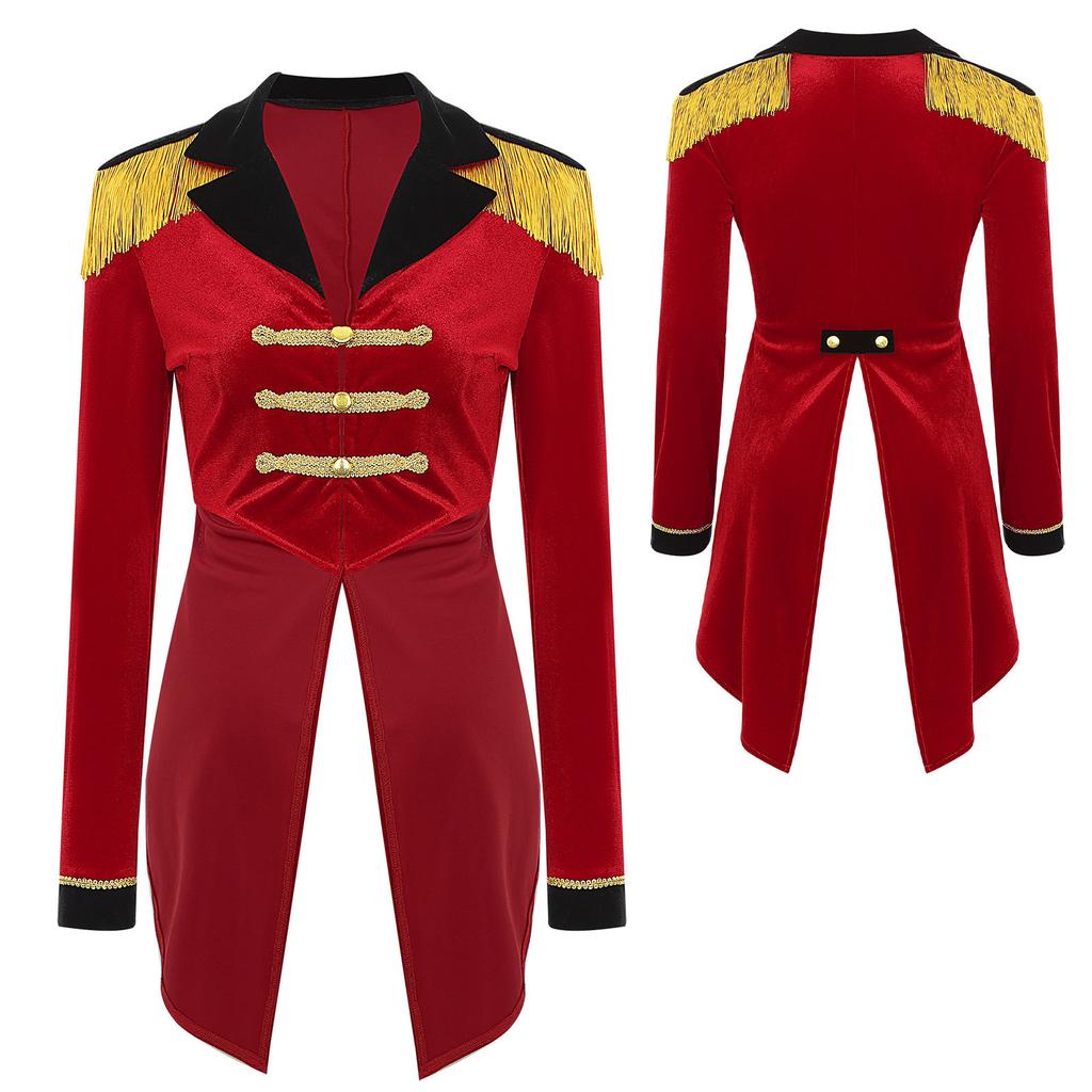 Damen Ringmaster Frack S-3XL, Samt Zirkus Auftrittsmantel Color Block Revers Langarm, Bühnenauftritt Cosplay Halloween Kostüm