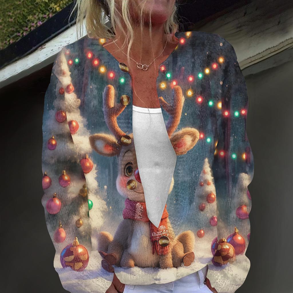 Damenmode, weihnachtlich bedruckt, langärmelig, Strickjacke, Button-Down-Jacke
