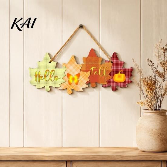 Fall Front Door Decoration Autumn Welcome Sign with Hanging Rope for Door, Rustic Maple Leaf Shape Wood Seasonal Pendant Decor Pumpkin And Butterfly