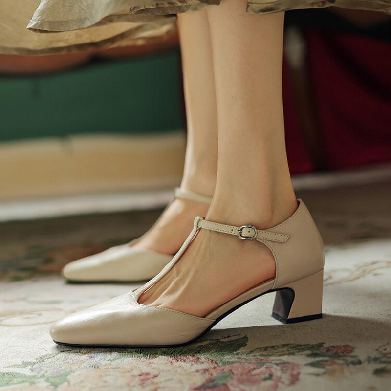 Summer Women's Leather Sandals Medium Heel Large Size Bag Heel Solid Color Soft New Hollow Sandals Beef Tendon Soft Sole Non-slip