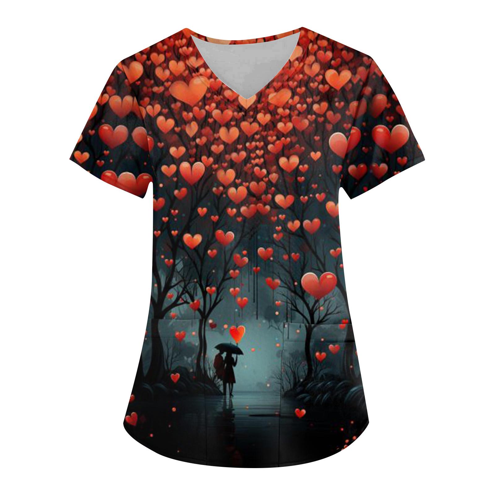 

Женская модная рабочая одежда с v-образным вырезом, коротким рукавом и карманом с принтом ко Дню святого Валентина S