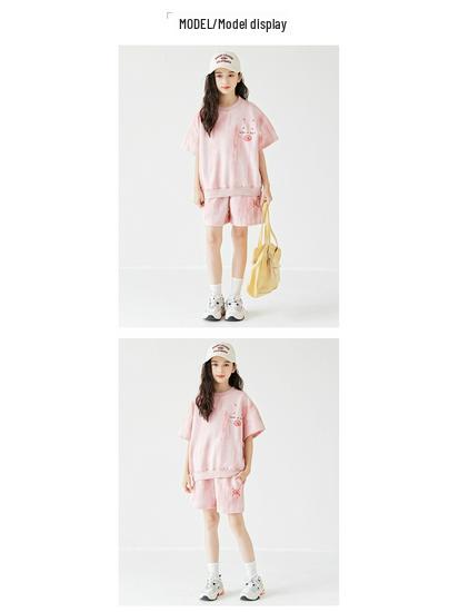 2025 Korean Style Girls' Tie-Dye Short Sleeve Pants Set - Fashionable Big Kid Sports Two-Piece Outfit