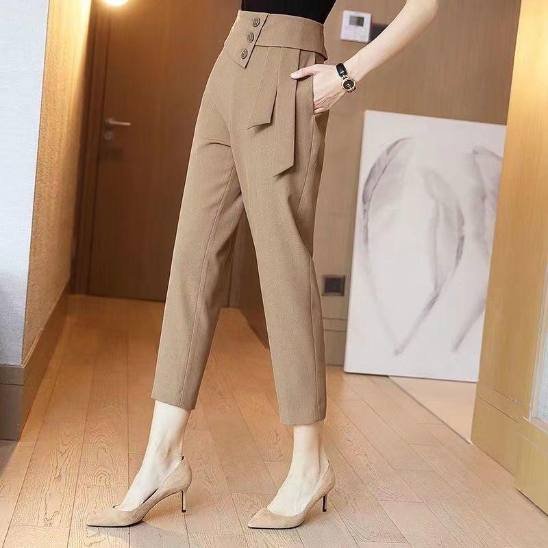 Simplicity Office Lady Summer Suit Pants Thin Women Solid Pockets Button Zipper High Waist Chic Slim Haren Ankle Length Trousers