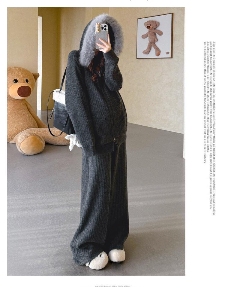 Autumn/Winter Ribbed Zipper Hoodie & Wide-Leg Pants Maternity Set