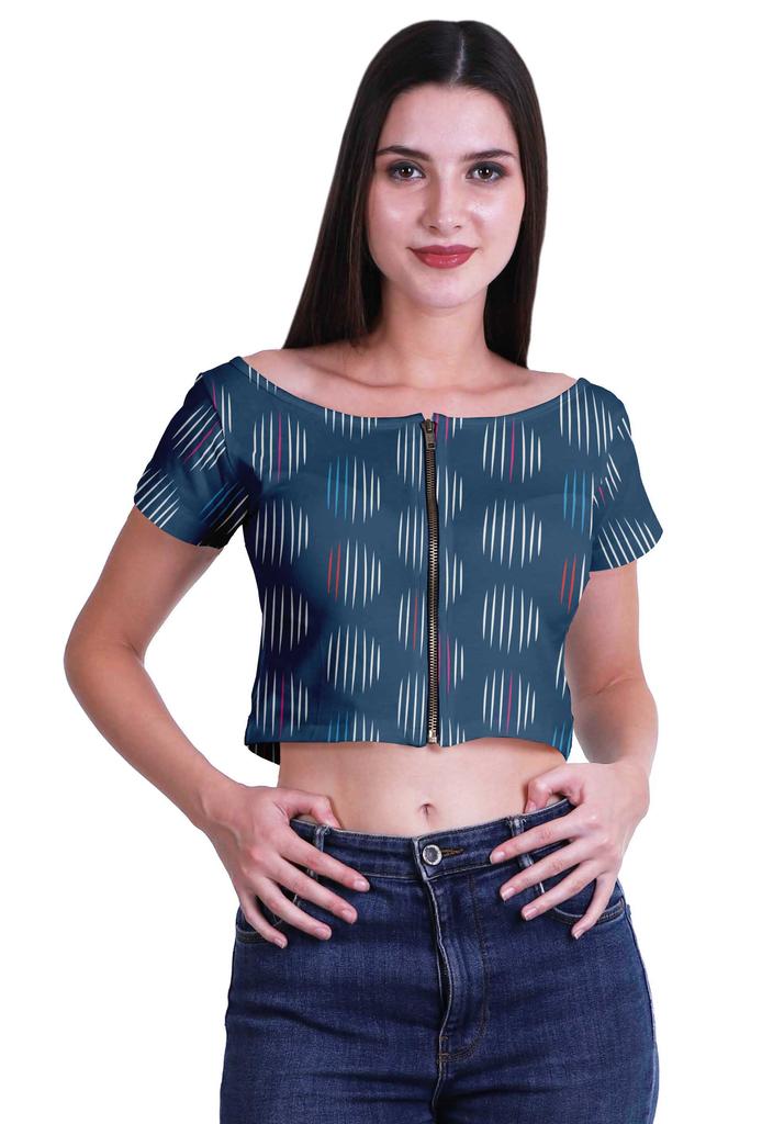 Moomaya Printed Boat Neck Womens Sexy Summer Tops Zip Front Viscose Crop Top