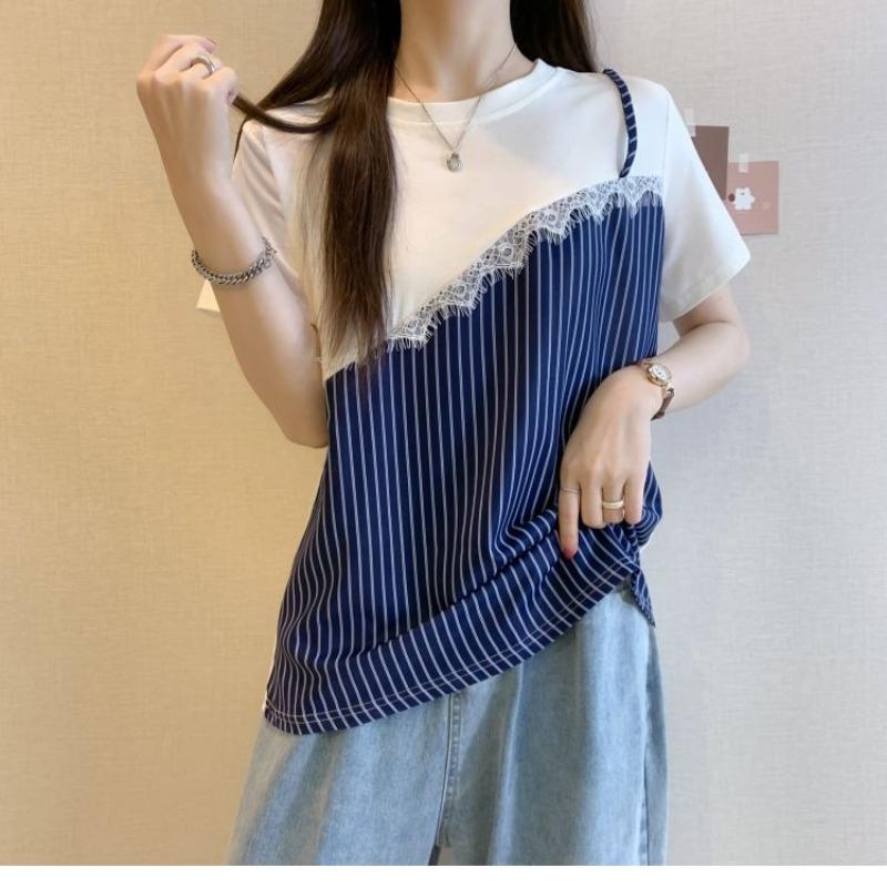 

Women s Fake Two-Piece T-Shirt - Striped Panel Lace Trim Casual Short Sleeve Top XL білий