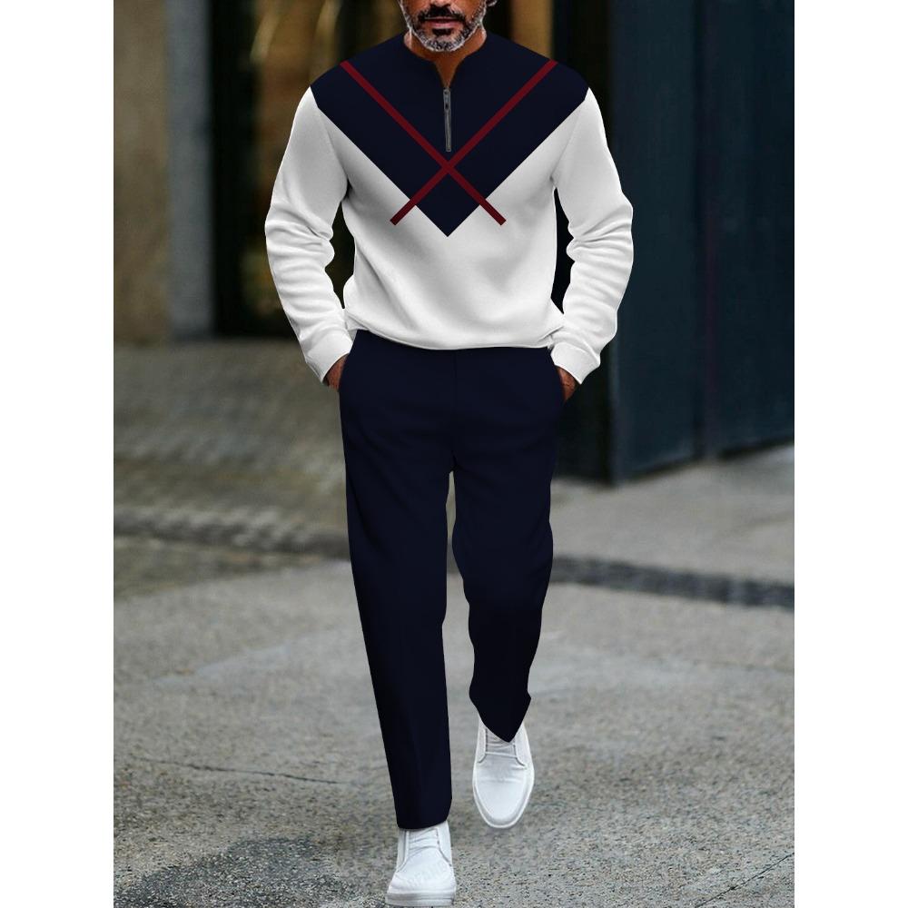 Frühling Herbst Mode Streetwear Herren Langarm Halbreißverschluss Stehkragen Lässige Sportbekleidung Herrenbekleidung Zweiteiliges Set