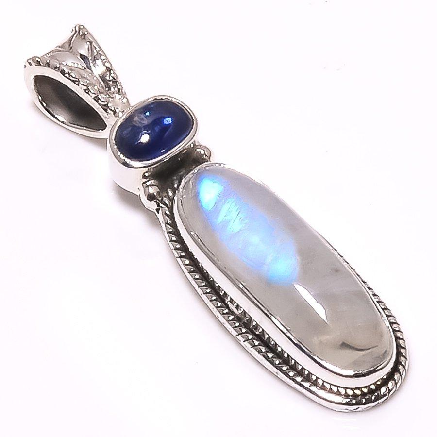 Natural Rainbow Moonstone, Kyanite 925 Solid Sterling Silver Pendant 1.38" a0V59