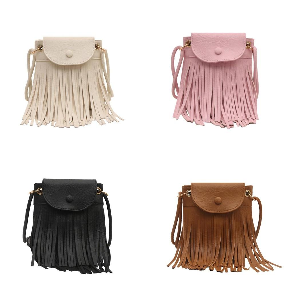 Color Tassel Solid Vintage Pu Water Bucket Handbag Fringe Details Women Fashion