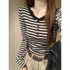 Semi Open Collar Color Block Striped Long Sleeve T Shirt Women Autumn Slim Fit Base Layer