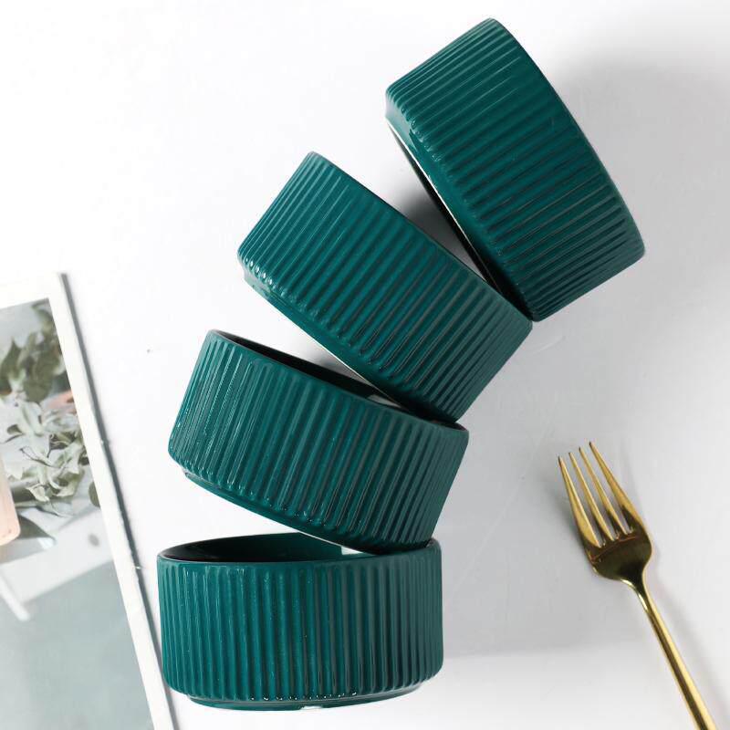 Emerald Green Gold-Rimmed Tableware Set: Vertical Stripes Design, Creative Rice and Soup Bowls