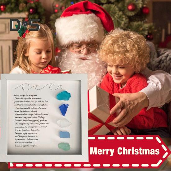 Sea Glass Picture Frame Wooden Photo Frame with Colorful Sea Glass Frame Sea Glass Poem Framed Artwork Ornament for Home Decor