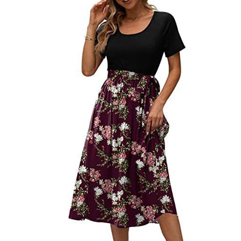 Summer Women's Dress Round Neck Splicing Lace-up Print Short-sleeved Casual Dresses