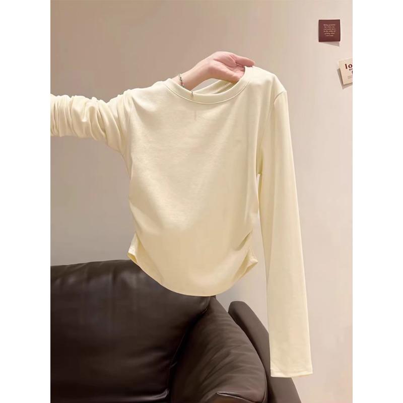 Autumn Winter Solid Irregular Folds Waist All-match Bottomed Tee Women Long Sleeve Casual Pullover T-shirt Top